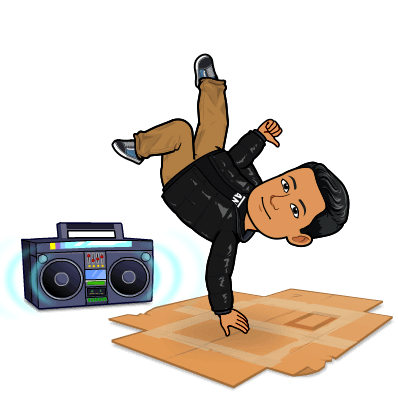 Cartoon of Noob Cuber holding a breakdance pose with a boom box in the background